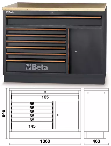 Moduł stały 7 szufladowy z drzwiami i drewnianym blatem system C45PRO Beta C45PRO/M7A/W 5