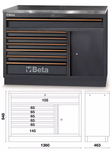 Moduł stały 7 szufladowy z drzwiami i stalowym blatem system C45PRO Beta C45PRO/M7A/X 6