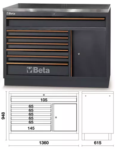 Moduł stały 7 szufladowy z drzwiami i stalowym blatem system C45PRO Beta C45PRO2.0/M7A/X 3
