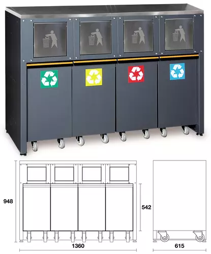 Moduł stały do segregacji śmieci ze stalowym blatem system C45PRO Beta C45PRO2.0/RD/X 2