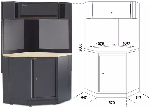 Moduł narożny z drewnianym blatem i szafką system C45PRO Beta C45PRO2.0/CORNER/W 2