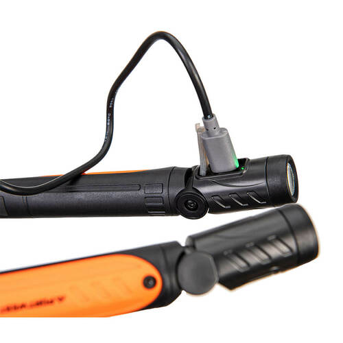 Latarka LED USB na szyję, kolor czarny/pomarańcz 2