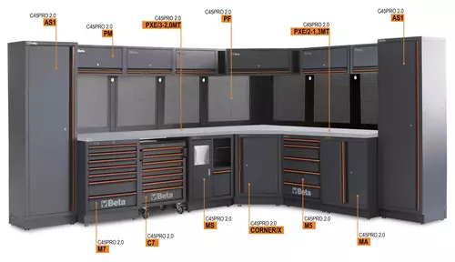 Zestaw mebli warsztatowych ze stalowym blatem system C45PRO Beta C45PRO2.0/DX 14