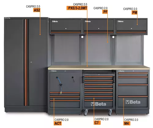Zestaw mebli warsztatowych z drewnianym blatem system C45PRO Beta C45PRO2.0/HW 4