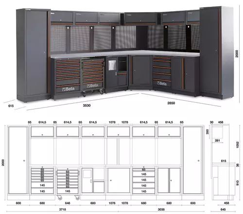 Zestaw mebli warsztatowych ze stalowym blatem system C45PRO Beta C45PRO2.0/DX 13