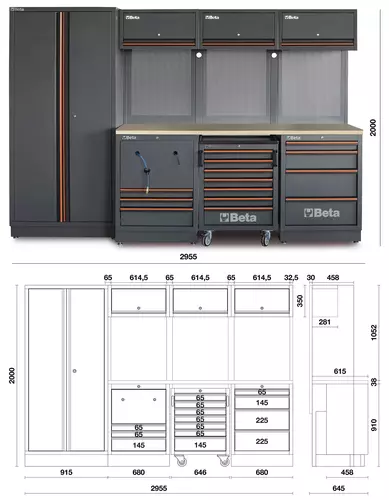 Zestaw mebli warsztatowych z drewnianym blatem system C45PRO Beta C45PRO2.0/HW 3