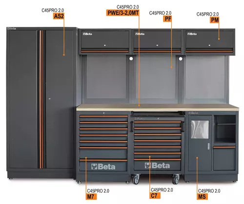 Zestaw mebli warsztatowych z drewnianym blatem system C45PRO Beta C45PRO2.0/W 7