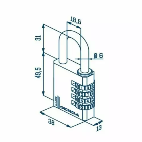 Kłódka pałąkowa aluminiowa szyfrowa BLUE 4 dyski S40 ALU CODE blister GERDA 3