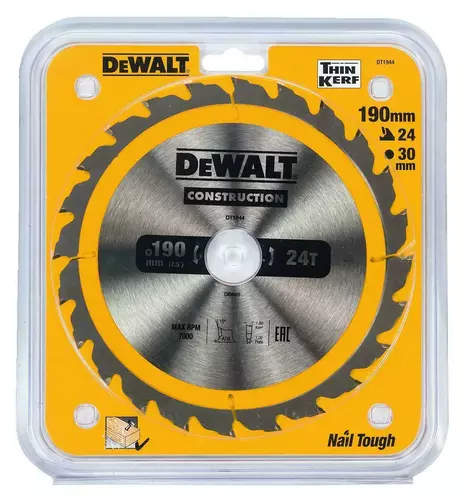 Piła tarczowa do cięcia drewna ø190x30x1,2mm grubość cięcia 1,8mm 24 zębów CONSTRUCTION DeWalt DT1944 2