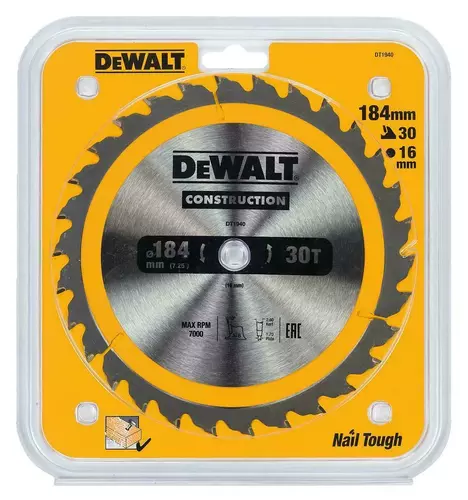 Piła tarczowa do cięcia drewna ø184x16x1,70mm, grubość cięcia 2,6mm, 30 zębów, CONSTRUCTION DeWALT DT1940 2