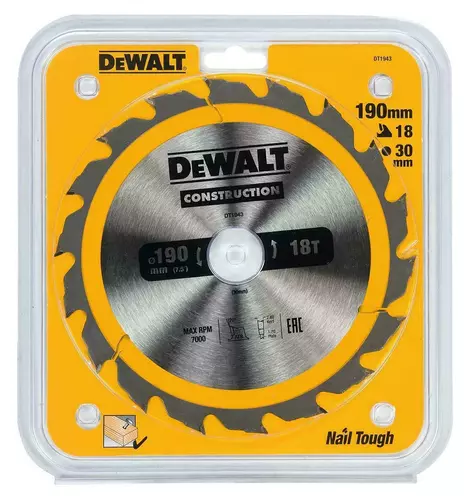 Piła tarczowa do cięcia drewna ø190x30x1,70mm, grubość cięcia 2,6mm, 18 zębów, CONSTRUCTION DeWALT DT1943 2
