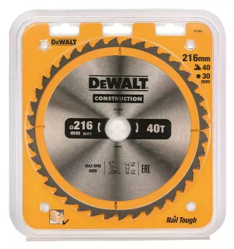 Piła tarczowa do cięcia drewna ø216x30x1,70mm, grubość cięcia 2,6mm, 40 zębów, CONSTRUCTION DeWalt DT1953 2