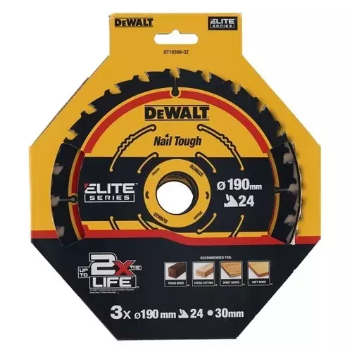 Zestaw 3szt. pił tarczowych do cięcia drewna ø190x30x1,65mm, 24 zęby, ELITE, DeWalt DT10399 2