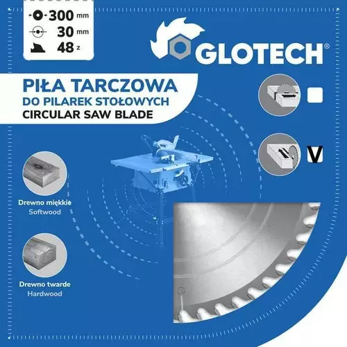 Piła tarczowa z węglikami spiekanymi do cięcia drewna - do pilarek ręcznych 300x30x3.2/48z GS10 GLOTECH 13