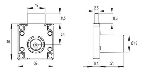 Zamek meblowy kwadratowy łamany klucz CPH X850 ø19x22mm HCK SISO-POL 2