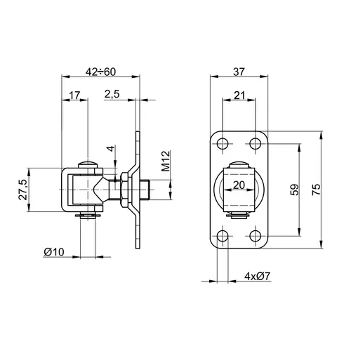 Zawias M-12 regulowany płytka 75x37x2.5 2