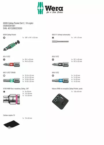 Grzechotka ręczna z 3 nasadkami 3/8", z funkcją wkrętaka 1/4" z magazynkiem na 12 bitów, 133mm, 8009 Zyklop Pocket Set 2, Wera 2