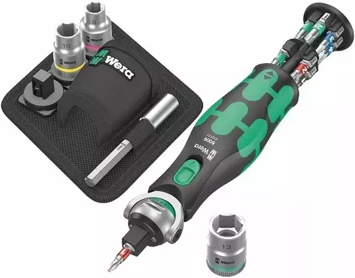 Grzechotka ręczna z 3 nasadkami 3/8", z funkcją wkrętaka 1/4" z magazynkiem na 12 bitów, 133mm, 8009 Zyklop Pocket Set 2, Wera 3