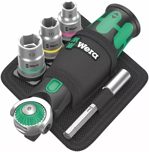 Grzechotka ręczna z 3 nasadkami 3/8", z funkcją wkrętaka 1/4" z magazynkiem na 12 bitów, 133mm, 8009 Zyklop Pocket Set 2, Wera 4