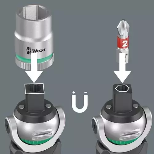 Grzechotka ręczna z 3 nasadkami 3/8", z funkcją wkrętaka 1/4" z magazynkiem na 12 bitów, 133mm, 8009 Zyklop Pocket Set 2, Wera 7
