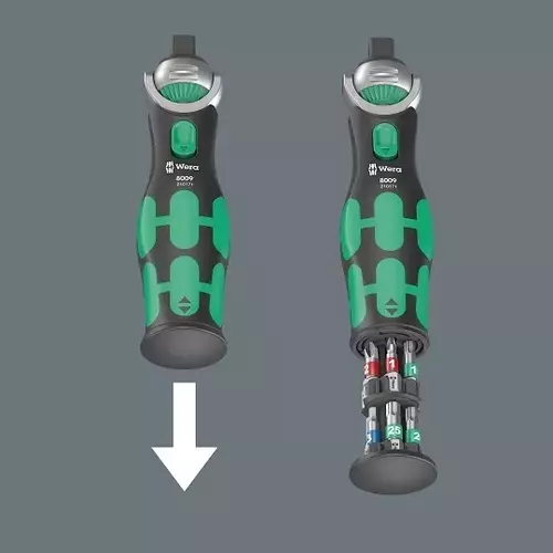 Grzechotka ręczna z 3 nasadkami 3/8", z funkcją wkrętaka 1/4" z magazynkiem na 12 bitów, 133mm, 8009 Zyklop Pocket Set 2, Wera 8