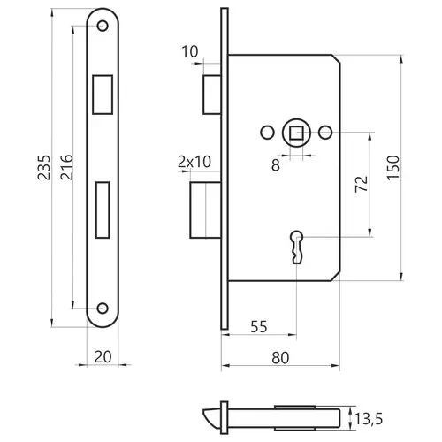Zamek wpuszczany do drzwi 72/55 na klucz YETI lewy ocynk biały 2