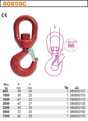 Hak obrotowy łożyskowany, lakierowany, dor 7500kg, model 8065sc/7500, ce en 1677-5 klasa 4 2