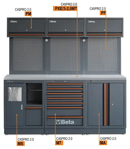 Zestaw mebli warsztatowych system C45PRO 2.0 ze stalowym blatem i zestawem 157 szt narzędzi GRATIS! Beta C45PRO2.0/AX/157UT 5