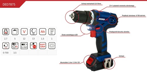 Wiertarko-wkrętarka 12V Li-ION DEDRA DED7875 10