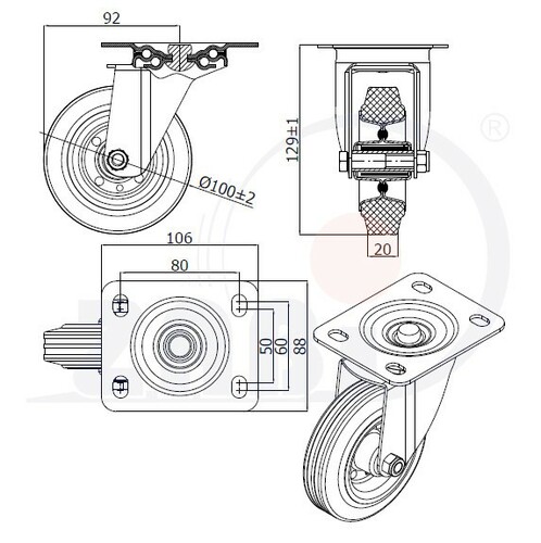 Koło d-100 skrętne metalowo-gumowe 12L/12 3