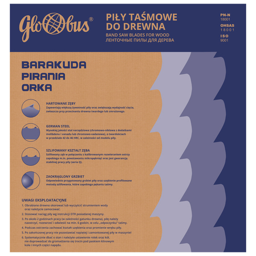 Piła taśmowa PIRANIA Plus /HOR/ 4005x35x1,1/22 do cięcia drewna świeżego na trakach taśmowych GLOBUS 10