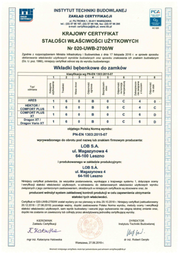 Wkładka do zamka 30g/45 z gałką LOB Ares blister nikiel 3