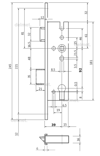 Zamek do drzwi 92/39 czoło ''U'' wpuszczany na wkładkę bębenkową BKS B 1314 0034 2