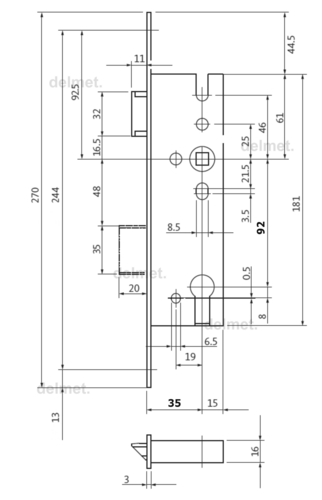 Zamek do drzwi 92/35/270 wpuszczany na wkładkę bębenkową BKS B 1314 0093 2