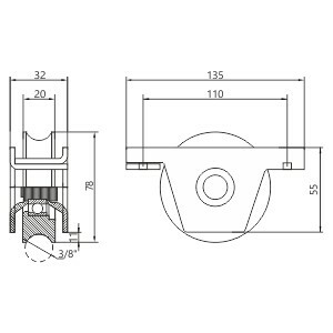 Rolka jezdna ø78x20 na rurę 3/8’’ z podporą typu "U" 2