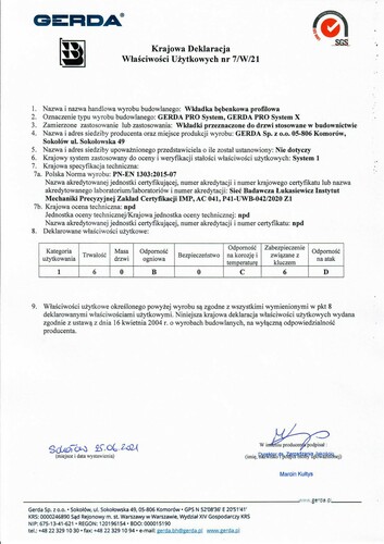 Wkładka bębenkowa z atestem do drzwi do zamka 30/60 Gerda PRO SYSTEM X 6