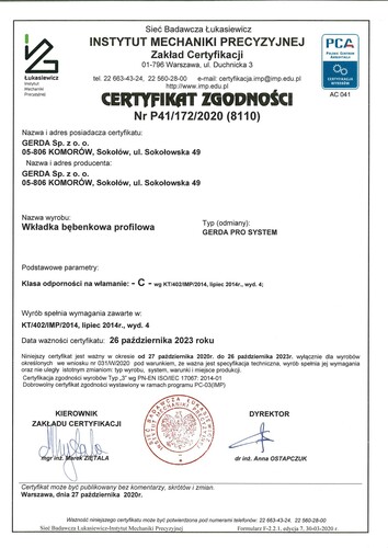 Wkładka bębenkowa z atestem do drzwi do zamka 30/65 Gerda PRO SYSTEM X 5