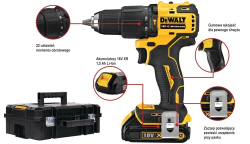 Wiertarko-wkrętarka z udarem XR 18V 2aku 1,5Ah Li-Ion + walizka + ładowarka DeWALT DCD709S2T-QW 3