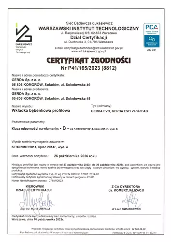 Wkładka bębenkowa z atestem do drzwi do zamka 30/50 Gerda EVO 8