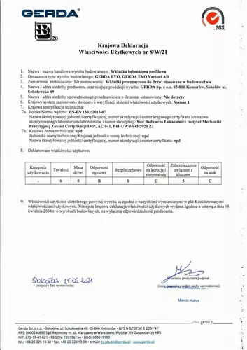 Wkładka bębenkowa z atestem do drzwi do zamka 30G/40 z gałką Gerda EVO 6
