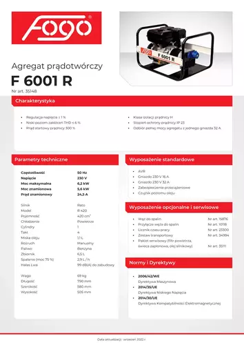 Agregat prądotwórczy 1-fazowy AVR 6,2 kVA 230V F 6001 R 4
