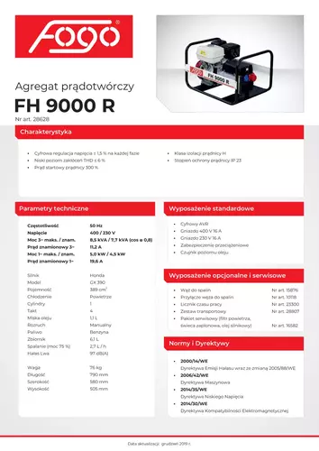 Agregat prądotwórczy 3-fazowy AVR 7,7kVA 230/400V FOGO FH 9000 R + GRATIS radio budowlane FM/AM XR Li-Ion DeWALT DCR019 4