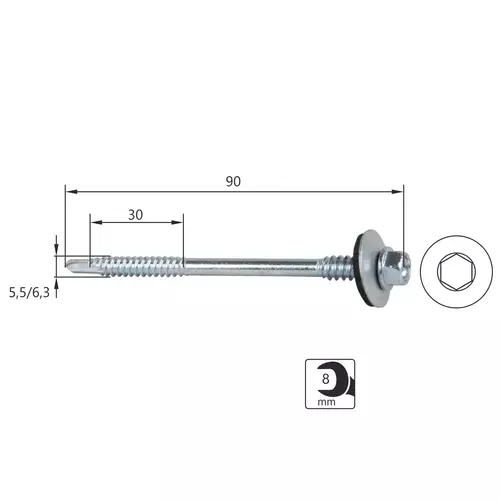 Wkręt samowiercący do płyt warstwowych, do konstrukcji stalowych, ocynkowany 5,5/6,3x90 12mm /550/ 2