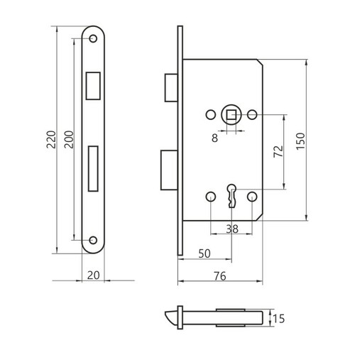 Zamek do drzwi 72/50 wpuszczany na klucz wersja stolarska Metalplast Częstochowa ECONOMIC 2