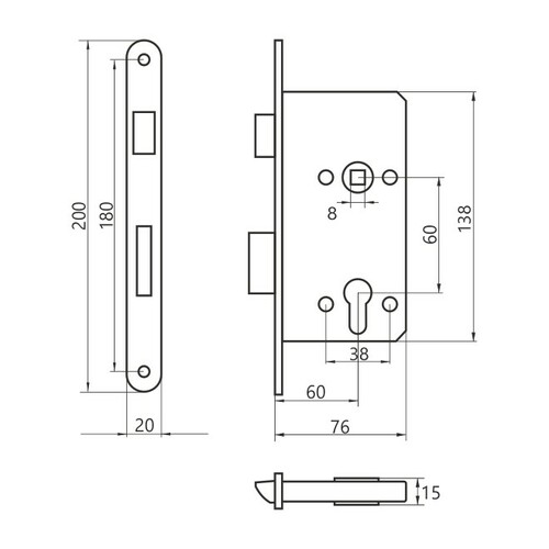 Zamek do drzwi 60/50 wpuszczany na wkładkę bębenkową wersja stolarska Metalplast Częstochowa ECONOMIC 2