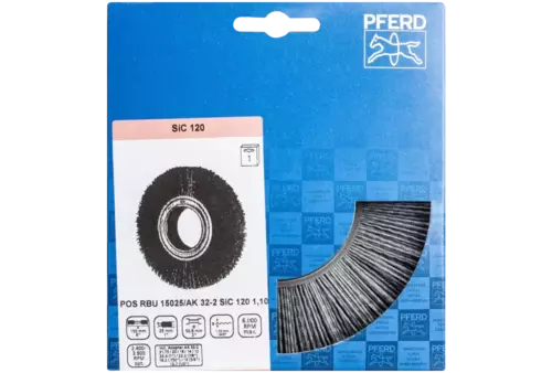 Szczotka tarczowa szeroka niepleciona RBU Ø150 × 25x różne otwory włókno SiC Ø 1,10 mm ziarno 120 szlifierka stacjonarna 2