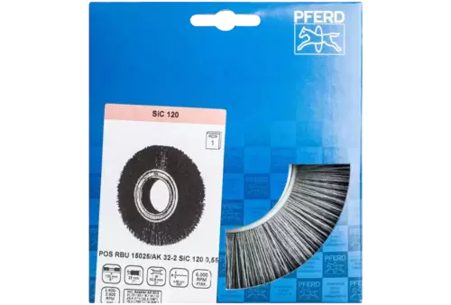 Szczotka tarczowa szeroka niepleciona RBU Ø150 × 25x różne otwory włókno SiC Ø0,55 mm ziarno 120 szlifierka stacjonarna 2