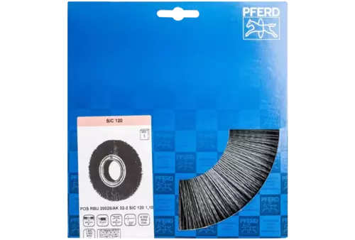 Szczotka tarczowa szeroka niepleciona RBU Ø 200 × 25x różne otwory włókno SiC Ø 1,10 mm ziarno 120 szlifierka stacjonarna 2