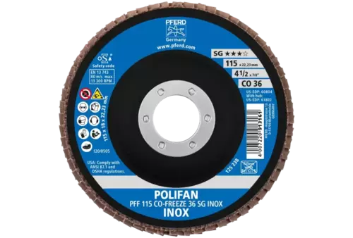 Ściernica listkowa POLIFAN PFF 115 × 22,23 mm płaska CO-FREEZE 36 linia wydajna SG INOX stal nierdzewna 2
