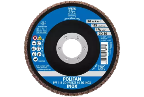 Ściernica listkowa POLIFAN PFF 115 × 22,23 mm płaska CO-FREEZE 50 linia wydajna SG INOX stal nierdzewna 2